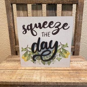 Squeeze The Day Lemon Block Wood Sign For Tier Trays, Tabletop or Shelf, Lemon
